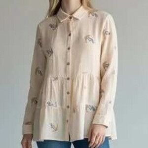 Hope Springs Cream Embroidered Nautical Tiered Gauze Button Down Shirt‎ Top Med
